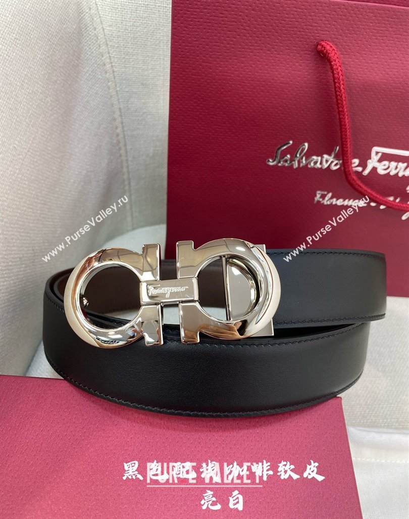 Ferragamo Belt 3.5cm in Reversible Soft Leather Black/Light Coffee/Shiny Silver 2024 0615 (99-240615047)