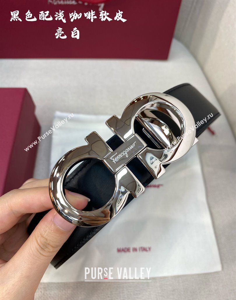 Ferragamo Belt 3.5cm in Reversible Soft Leather Black/Light Coffee/Shiny Silver 2024 0615 (99-240615047)