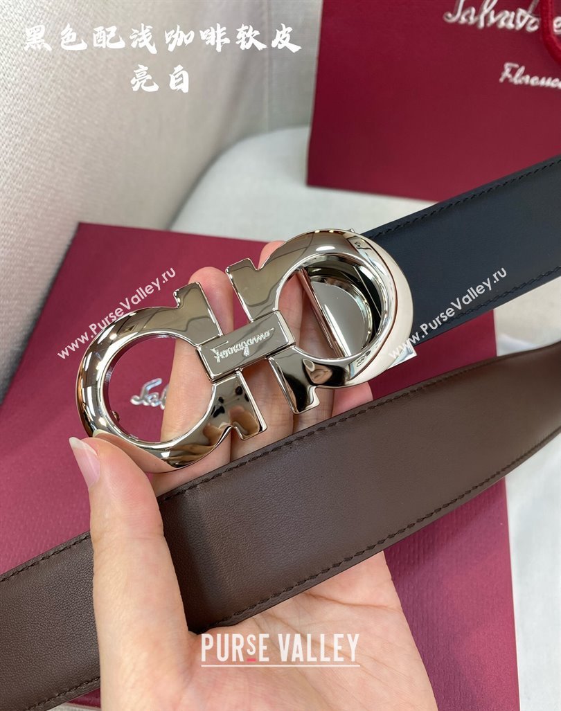 Ferragamo Belt 3.5cm in Reversible Soft Leather Black/Light Coffee/Shiny Silver 2024 0615 (99-240615047)