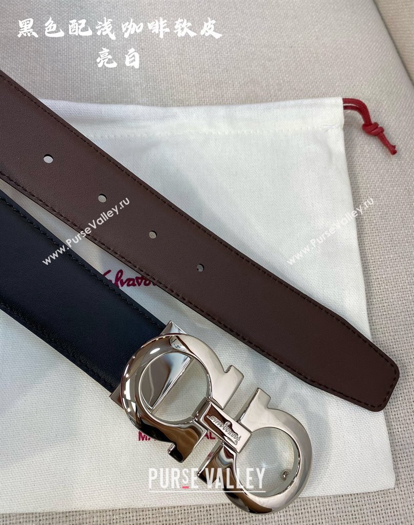 Ferragamo Belt 3.5cm in Reversible Soft Leather Black/Light Coffee/Shiny Silver 2024 0615 (99-240615047)