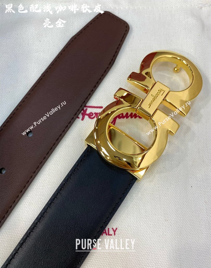 Ferragamo Belt 3.5cm in Reversible Soft Leather Black/Light Coffee/Shiny Gold 2024 0615 (99-240615048)