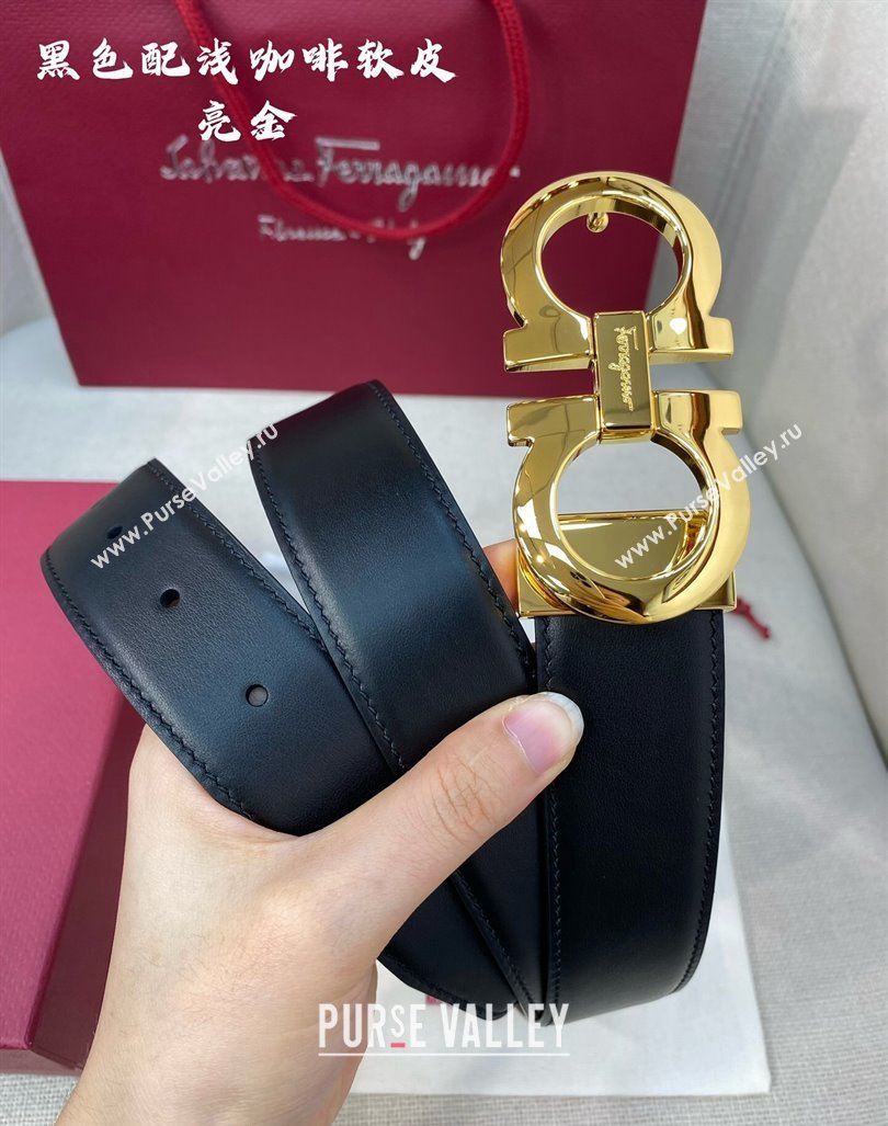 Ferragamo Belt 3.5cm in Reversible Soft Leather Black/Light Coffee/Shiny Gold 2024 0615 (99-240615048)