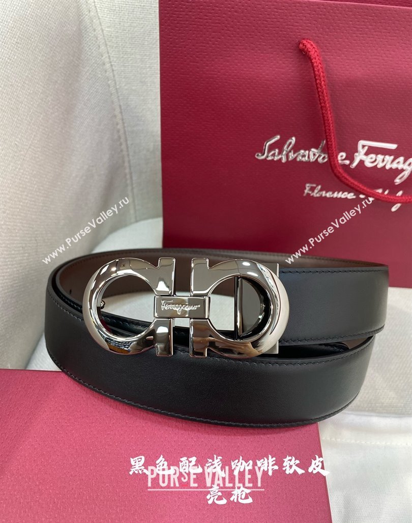 Ferragamo Belt 3.5cm in Reversible Soft Leather Black/Light Coffee/Shiny Gunmetal 2024 0615 (99-240615049)