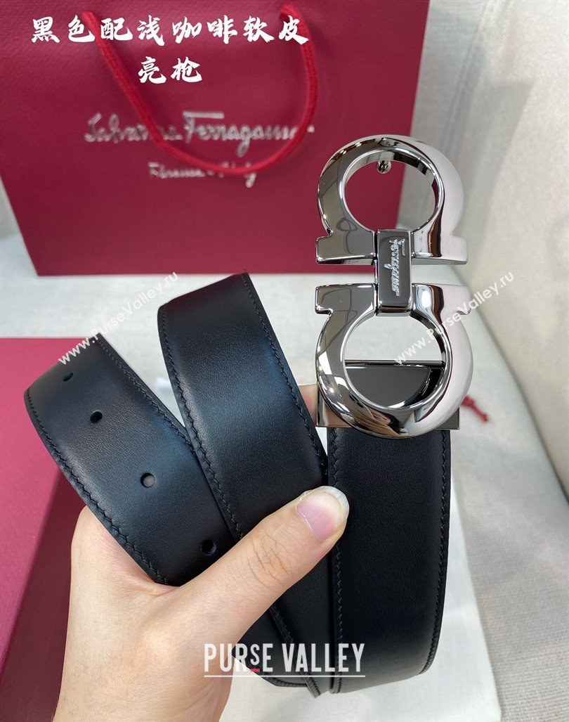 Ferragamo Belt 3.5cm in Reversible Soft Leather Black/Light Coffee/Shiny Gunmetal 2024 0615 (99-240615049)