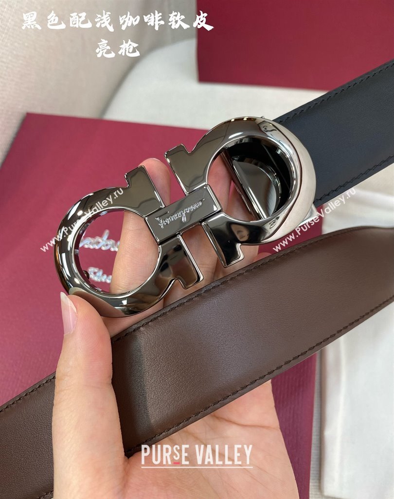 Ferragamo Belt 3.5cm in Reversible Soft Leather Black/Light Coffee/Shiny Gunmetal 2024 0615 (99-240615049)