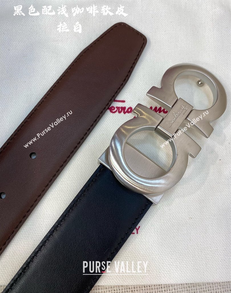 Ferragamo Belt 3.5cm in Reversible Soft Leather Black/Light Coffee/Brushed Silver 2024 0615 (99-240615050)