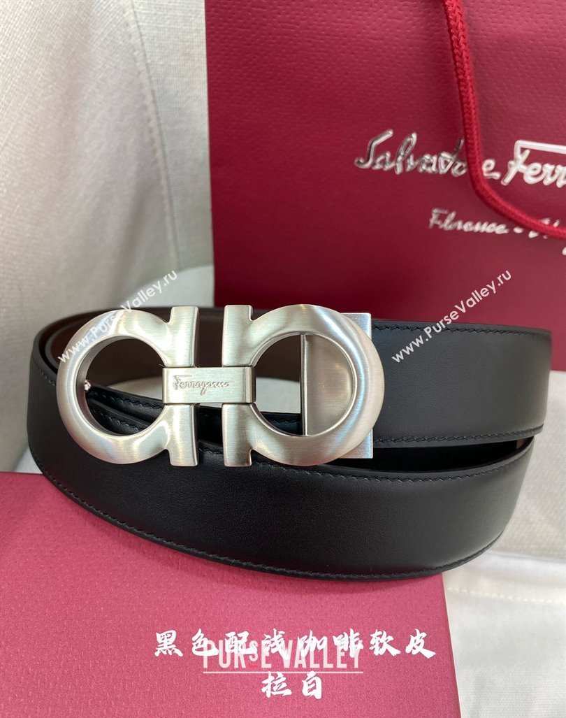 Ferragamo Belt 3.5cm in Reversible Soft Leather Black/Light Coffee/Brushed Silver 2024 0615 (99-240615050)