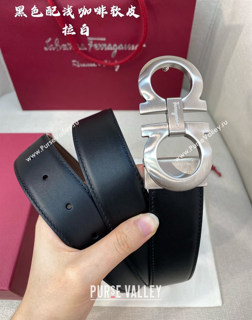 Ferragamo Belt 3.5cm in Reversible Soft Leather Black/Light Coffee/Brushed Silver 2024 0615 (99-240615050)