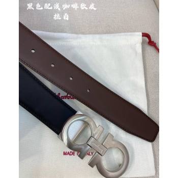 Ferragamo Belt 3.5cm in Reversible Soft Leather Black/Light Coffee/Brushed Silver 2024 0615 (99-240615050)