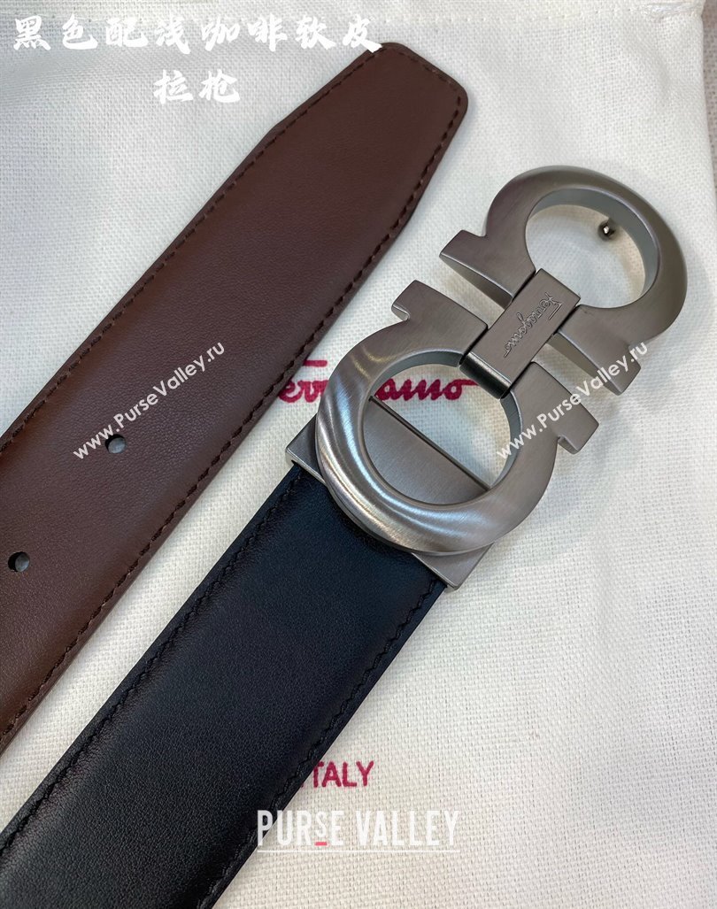 Ferragamo Belt 3.5cm in Reversible Soft Leather Black/Light Coffee/Brushed Gunmetal 2024 0615 (99-240615051)