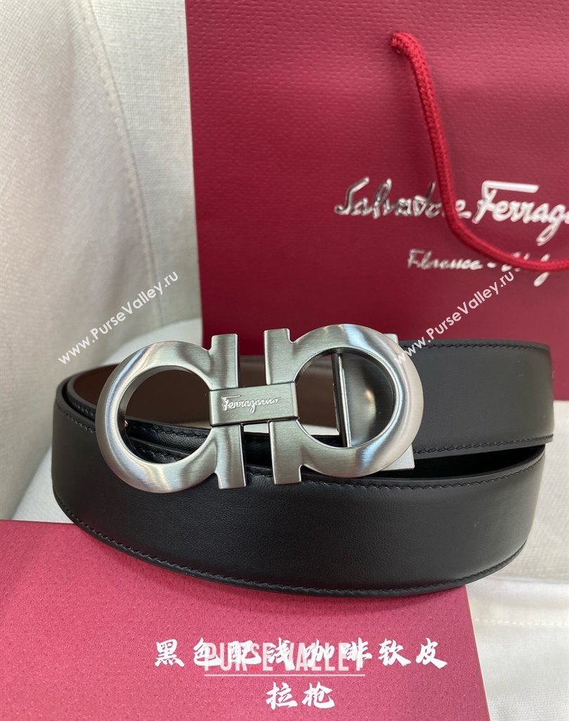 Ferragamo Belt 3.5cm in Reversible Soft Leather Black/Light Coffee/Brushed Gunmetal 2024 0615 (99-240615051)