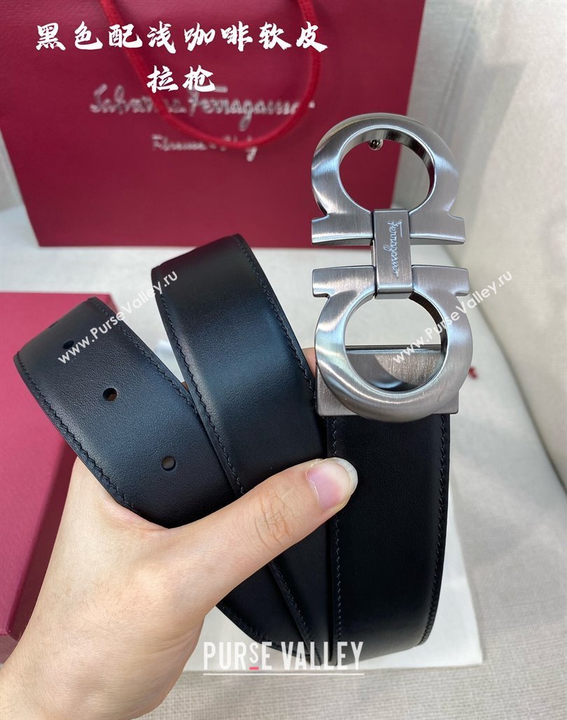 Ferragamo Belt 3.5cm in Reversible Soft Leather Black/Light Coffee/Brushed Gunmetal 2024 0615 (99-240615051)