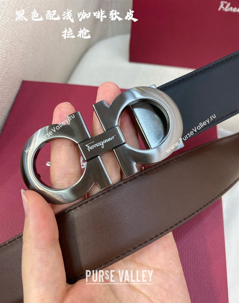 Ferragamo Belt 3.5cm in Reversible Soft Leather Black/Light Coffee/Brushed Gunmetal 2024 0615 (99-240615051)