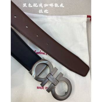 Ferragamo Belt 3.5cm in Reversible Soft Leather Black/Light Coffee/Brushed Gunmetal 2024 0615 (99-240615051)