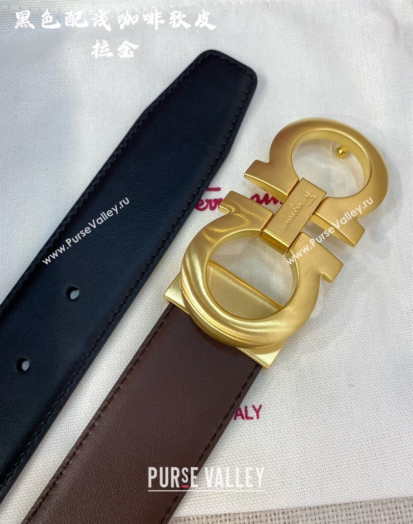 Ferragamo Belt 3.5cm in Reversible Soft Leather Black/Light Coffee/Brushed Gold 2024 0615 (99-240615052)