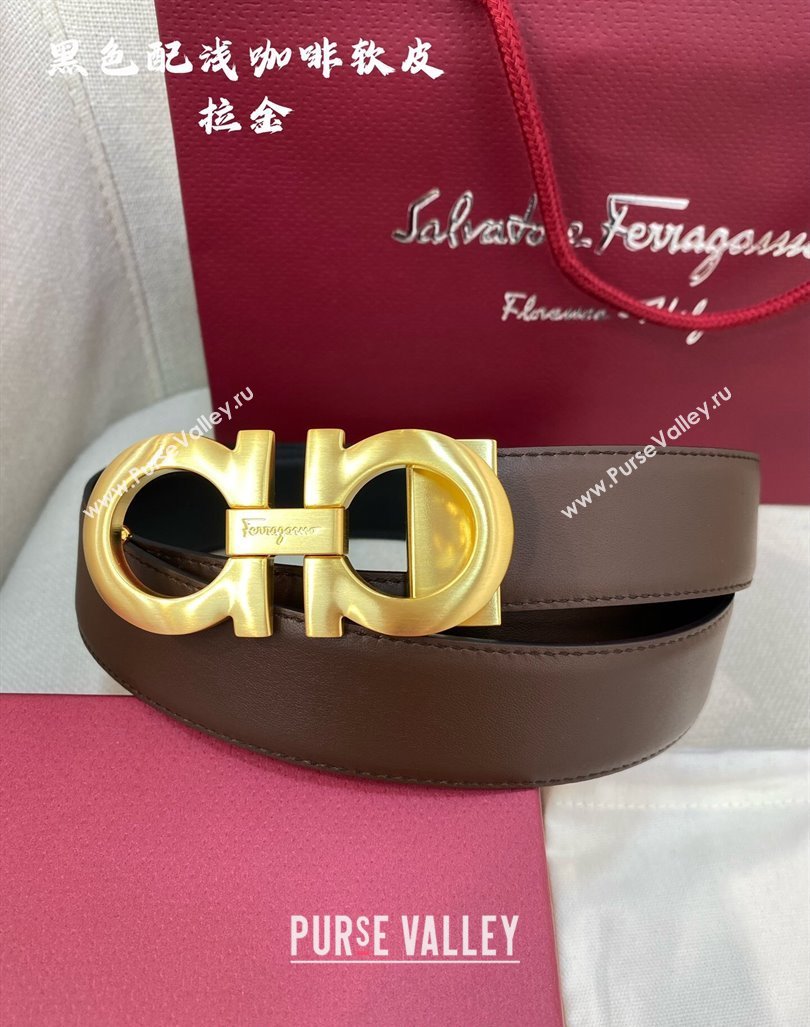 Ferragamo Belt 3.5cm in Reversible Soft Leather Black/Light Coffee/Brushed Gold 2024 0615 (99-240615052)