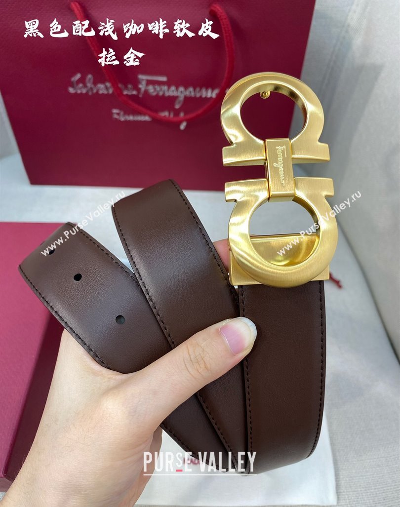 Ferragamo Belt 3.5cm in Reversible Soft Leather Black/Light Coffee/Brushed Gold 2024 0615 (99-240615052)