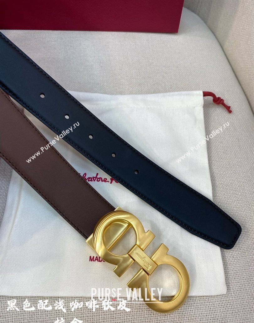 Ferragamo Belt 3.5cm in Reversible Soft Leather Black/Light Coffee/Brushed Gold 2024 0615 (99-240615052)