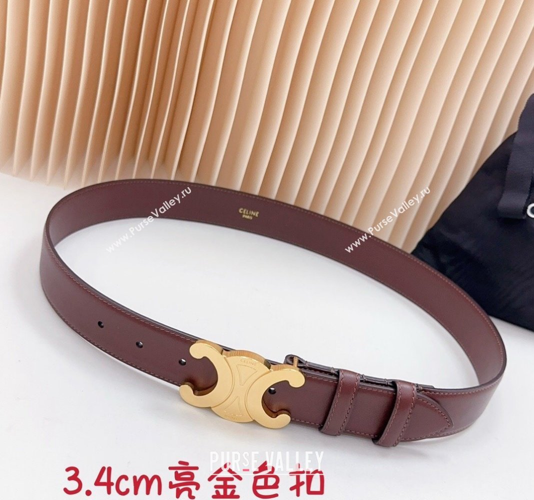 Celine Triomphe Calfskin Belt 3.4cm with Shiny Gold Buckle Burgundy 2024 0615 (99-240615056)