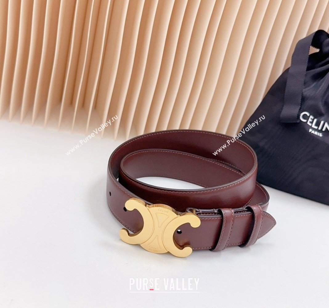 Celine Triomphe Calfskin Belt 3.4cm with Shiny Gold Buckle Burgundy 2024 0615 (99-240615056)