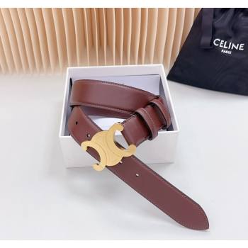 Celine Triomphe Calfskin Belt 3.4cm with Shiny Gold Buckle Burgundy 2024 0615 (99-240615056)