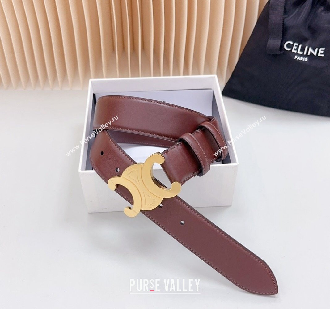 Celine Triomphe Calfskin Belt 3.4cm with Shiny Gold Buckle Burgundy 2024 0615 (99-240615056)