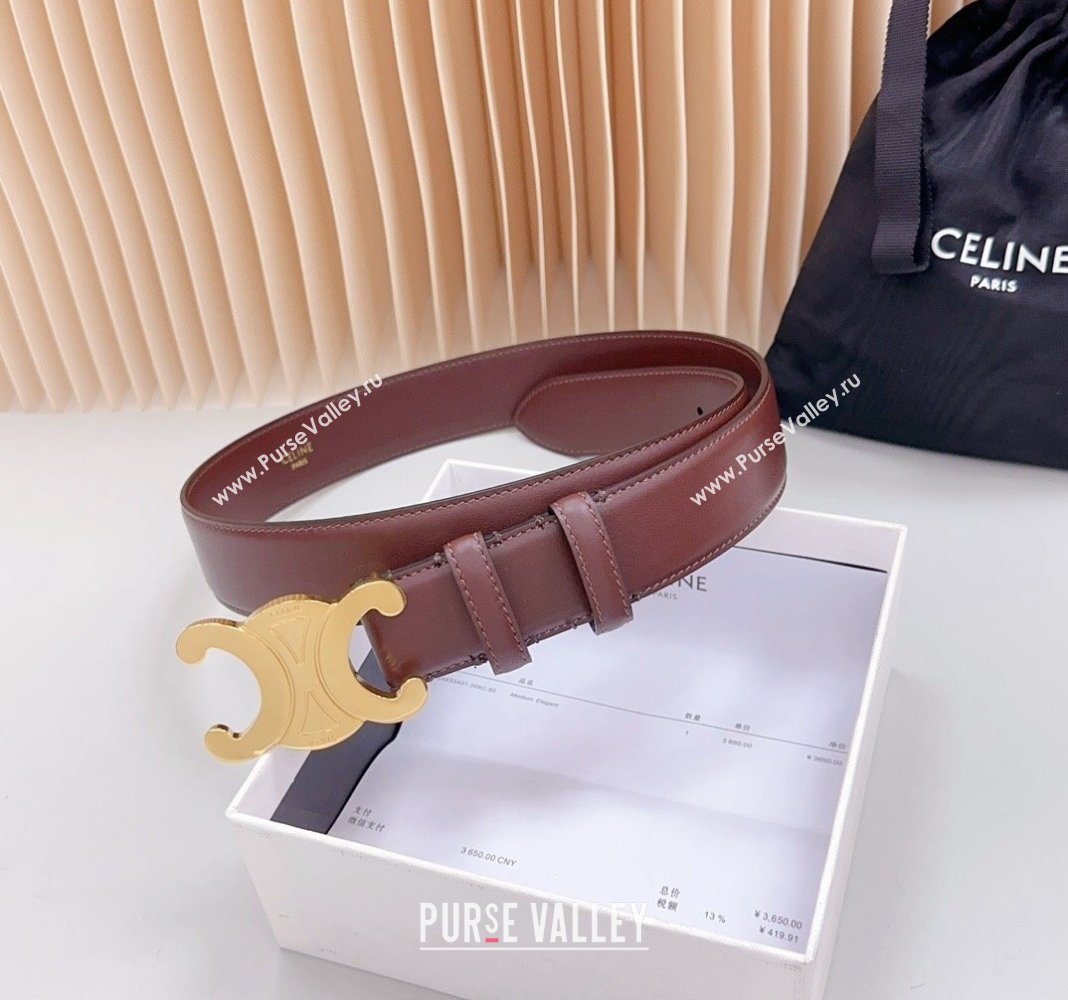 Celine Triomphe Calfskin Belt 3.4cm with Shiny Gold Buckle Burgundy 2024 0615 (99-240615056)