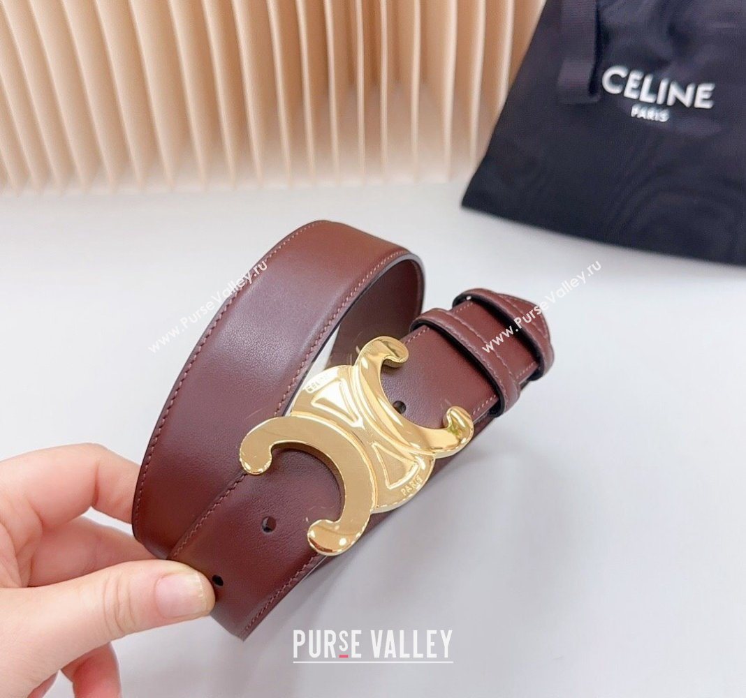 Celine Triomphe Calfskin Belt 3.4cm with Shiny Gold Buckle Burgundy 2024 0615 (99-240615056)