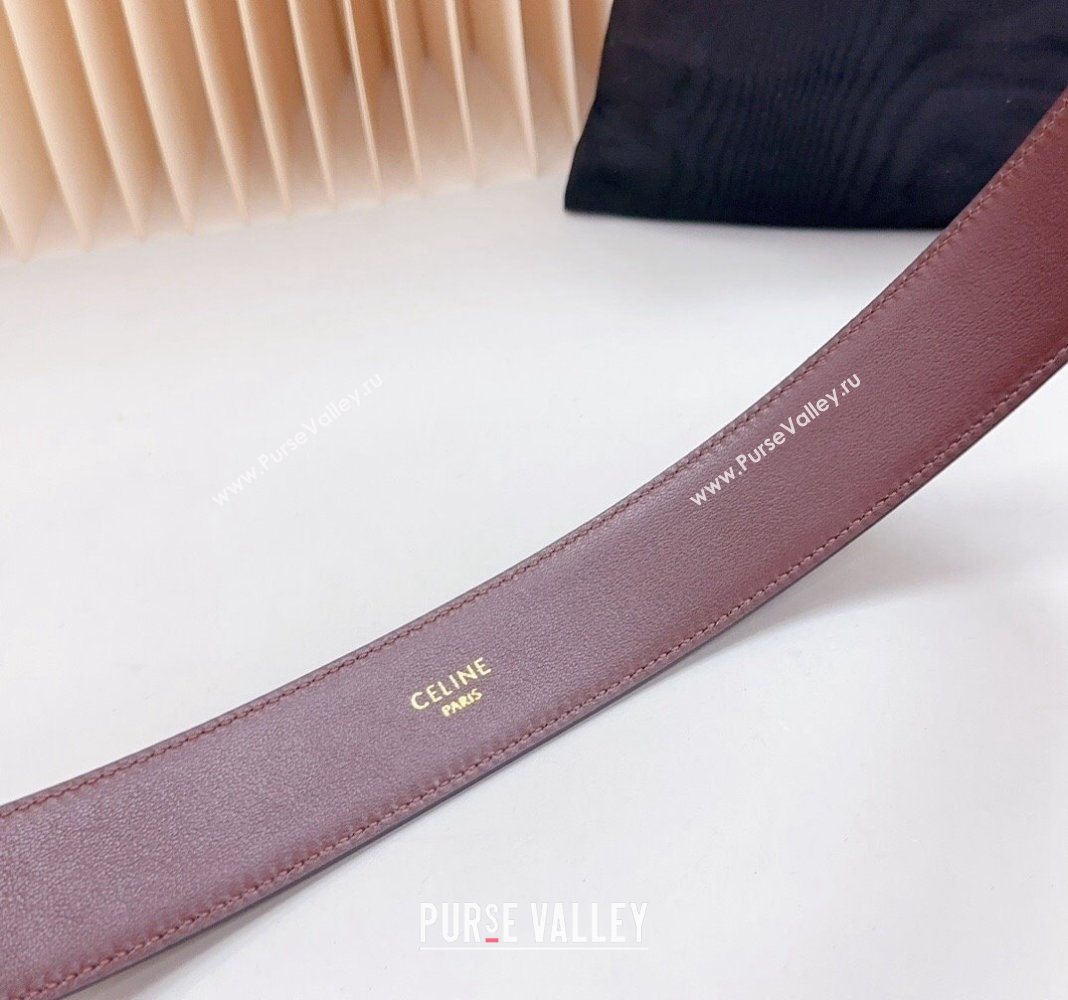 Celine Triomphe Calfskin Belt 3.4cm with Shiny Gold Buckle Burgundy 2024 0615 (99-240615056)