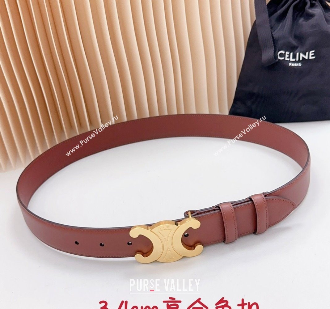 Celine Triomphe Calfskin Belt 3.4cm with Shiny Gold Buckle Dark Brown 2024 0615 (99-240615057)