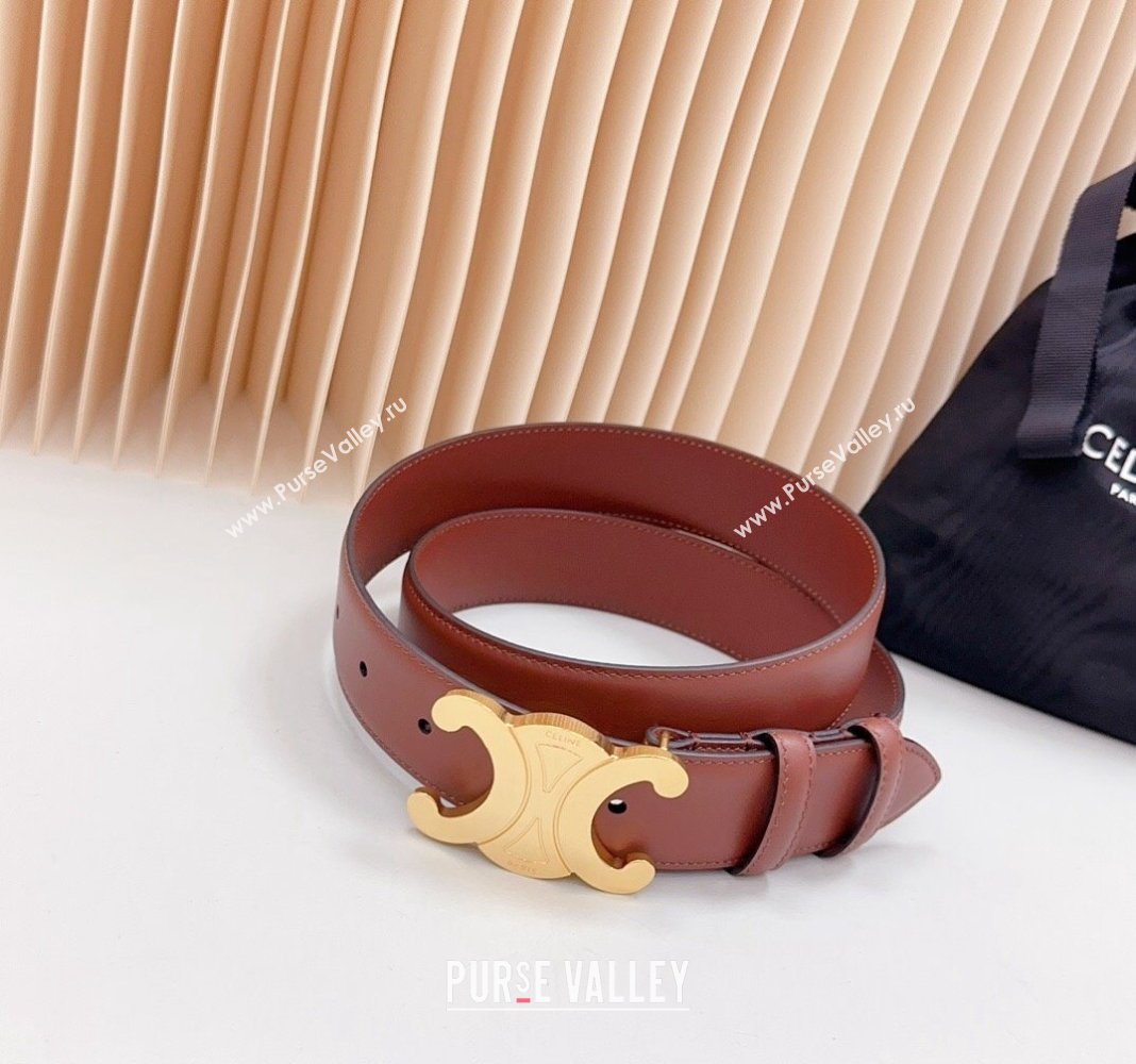 Celine Triomphe Calfskin Belt 3.4cm with Shiny Gold Buckle Dark Brown 2024 0615 (99-240615057)