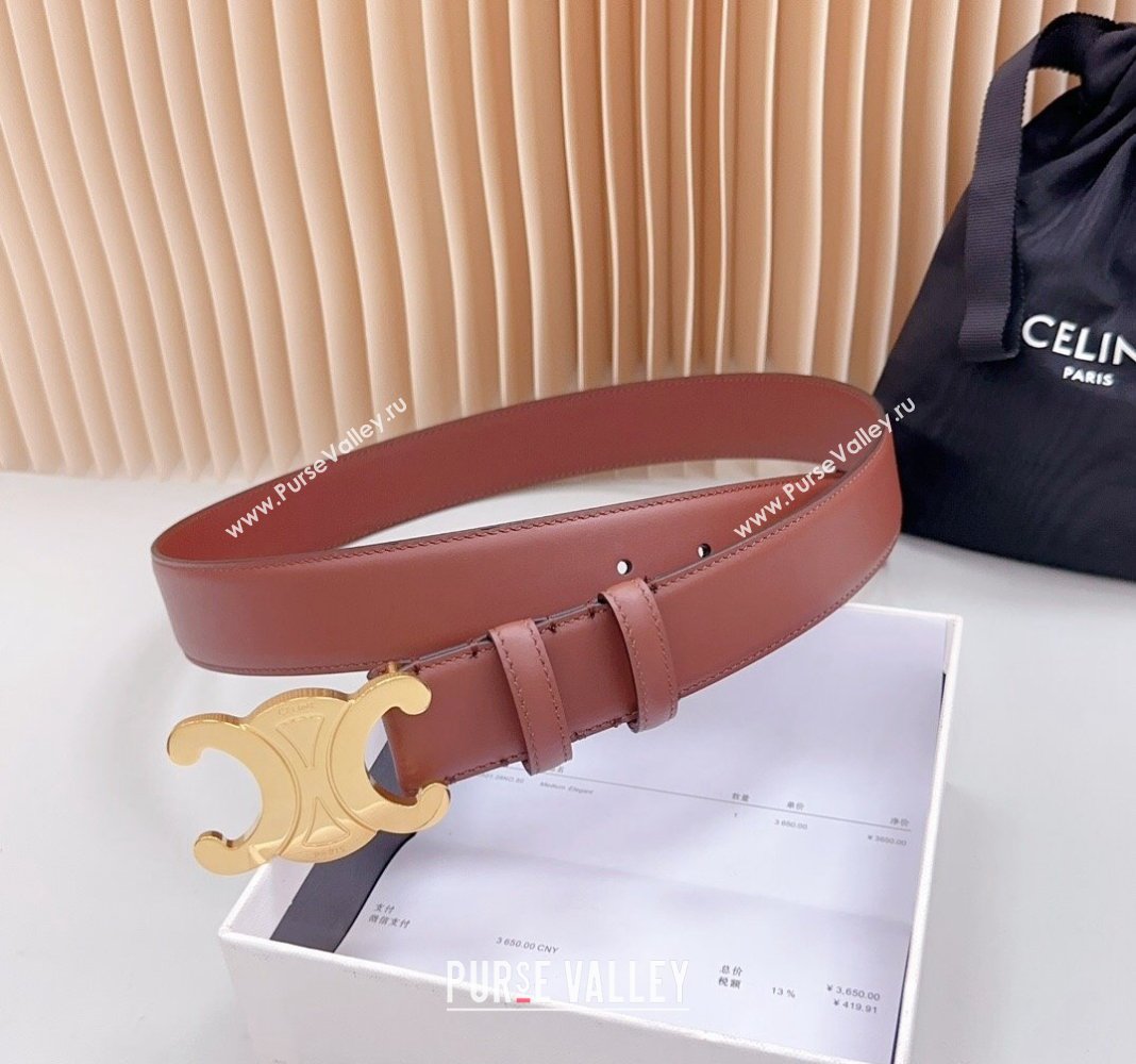 Celine Triomphe Calfskin Belt 3.4cm with Shiny Gold Buckle Dark Brown 2024 0615 (99-240615057)