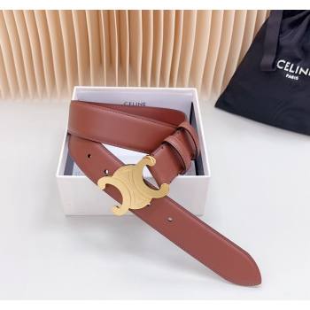 Celine Triomphe Calfskin Belt 3.4cm with Shiny Gold Buckle Dark Brown 2024 0615 (99-240615057)