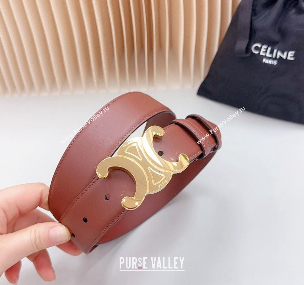 Celine Triomphe Calfskin Belt 3.4cm with Shiny Gold Buckle Dark Brown 2024 0615 (99-240615057)