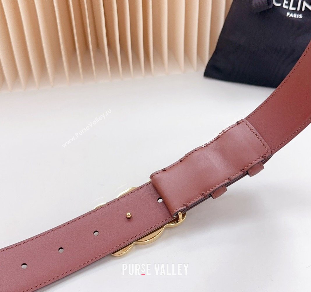 Celine Triomphe Calfskin Belt 3.4cm with Shiny Gold Buckle Dark Brown 2024 0615 (99-240615057)