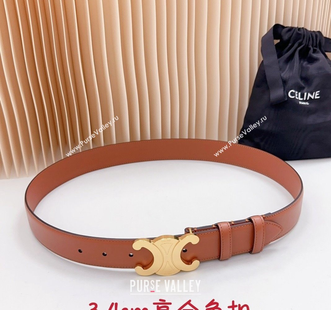 Celine Triomphe Calfskin Belt 3.4cm with Shiny Gold Buckle Tan Brown 2024 0615 (99-240615058)