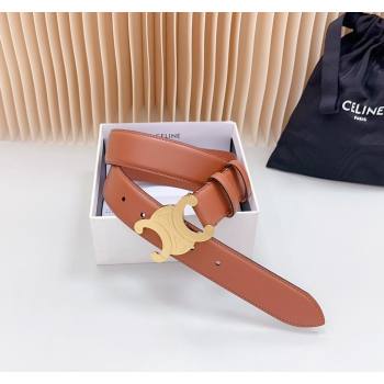 Celine Triomphe Calfskin Belt 3.4cm with Shiny Gold Buckle Tan Brown 2024 0615 (99-240615058)