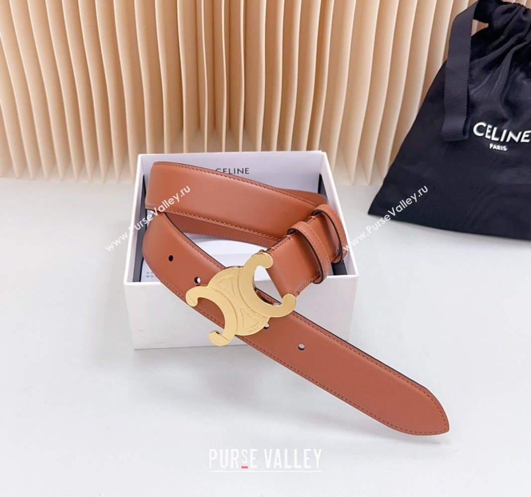 Celine Triomphe Calfskin Belt 3.4cm with Shiny Gold Buckle Tan Brown 2024 0615 (99-240615058)