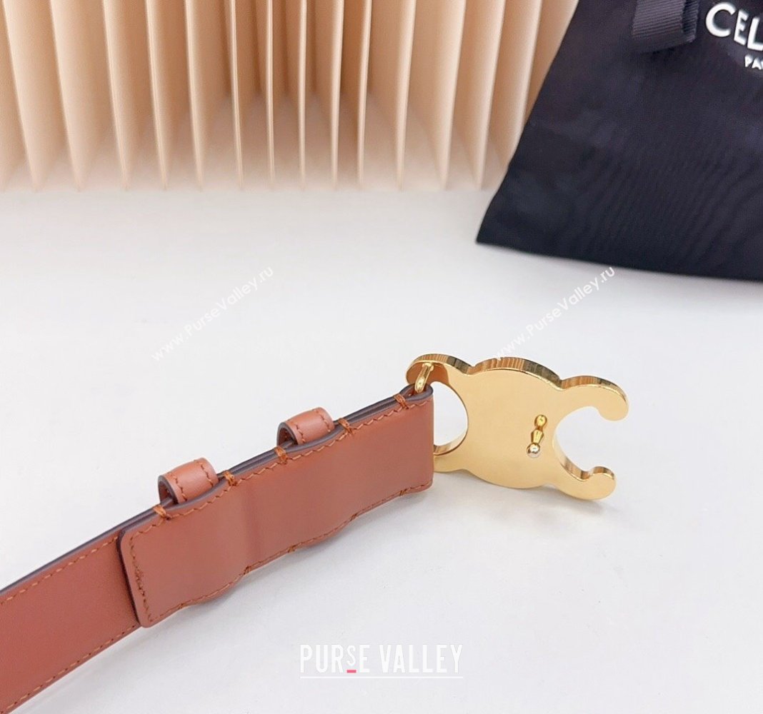 Celine Triomphe Calfskin Belt 3.4cm with Shiny Gold Buckle Tan Brown 2024 0615 (99-240615058)