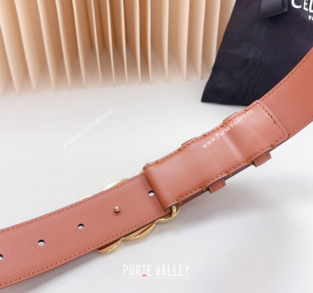 Celine Triomphe Calfskin Belt 3.4cm with Shiny Gold Buckle Tan Brown 2024 0615 (99-240615058)