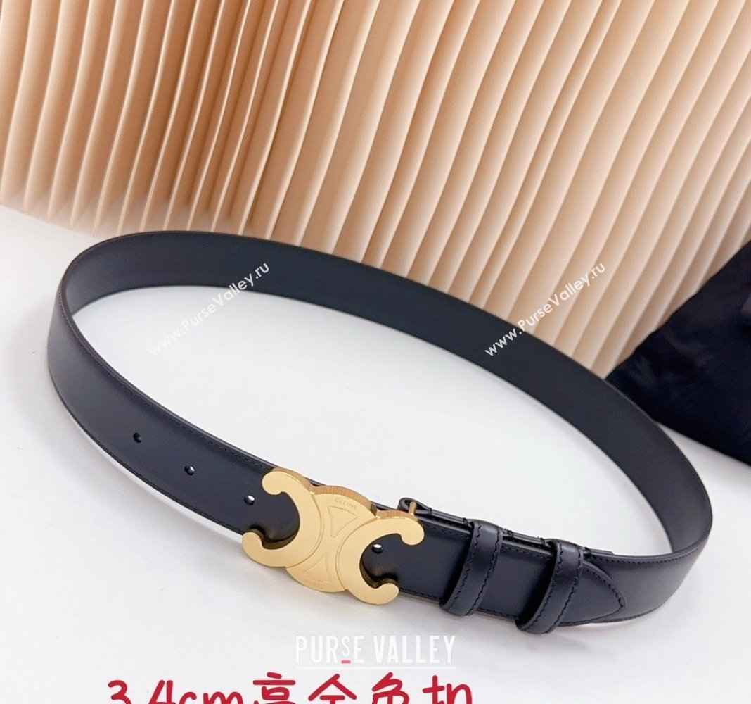 Celine Triomphe Calfskin Belt 3.4cm with Shiny Gold Buckle Black 2024 0615 (99-240615059)