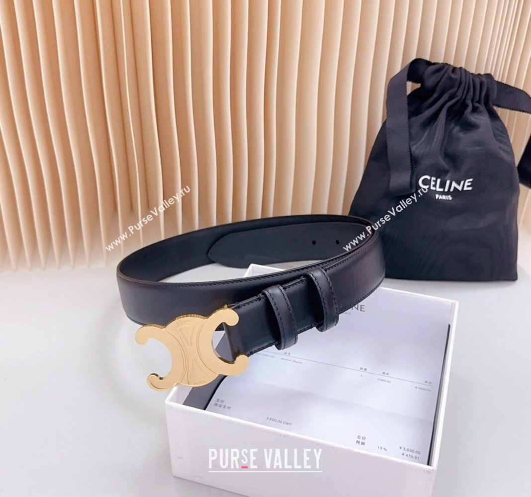 Celine Triomphe Calfskin Belt 3.4cm with Shiny Gold Buckle Black 2024 0615 (99-240615059)