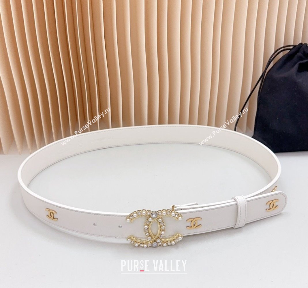 Chanel Calfskin Belt 3cm with Strass CC Buckle White 2024 061702 (99-240617017)