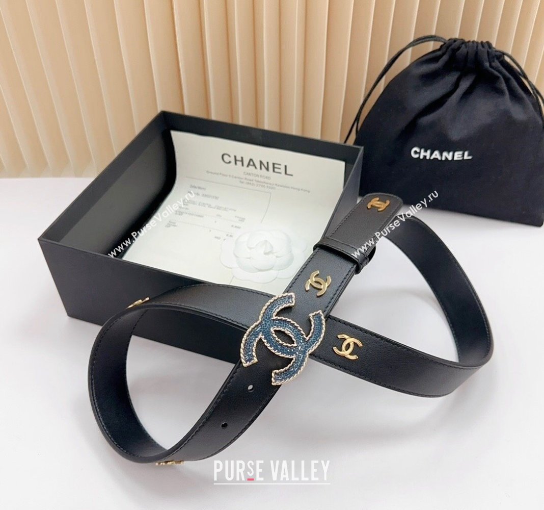 Chanel Belt 3cm with Blue CC Buckle in Calfskin with CC Black 2024 0617 (99-240617020)