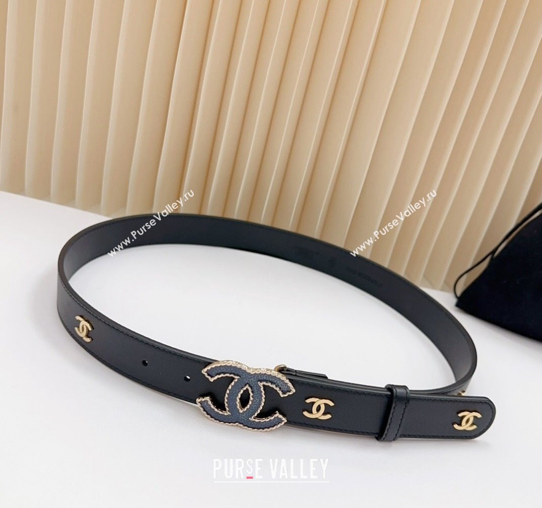 Chanel Belt 3cm with Blue CC Buckle in Calfskin with CC Black 2024 0617 (99-240617020)