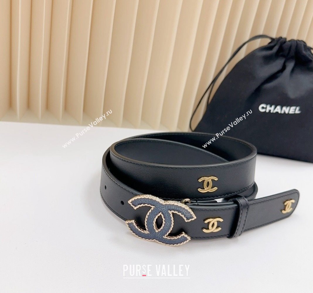 Chanel Belt 3cm with Blue CC Buckle in Calfskin with CC Black 2024 0617 (99-240617020)