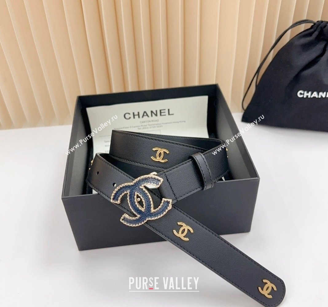 Chanel Belt 3cm with Blue CC Buckle in Calfskin with CC Black 2024 0617 (99-240617020)