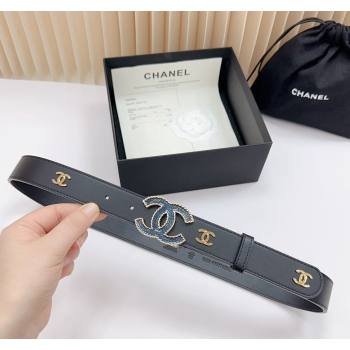 Chanel Belt 3cm with Blue CC Buckle in Calfskin with CC Black 2024 0617 (99-240617020)