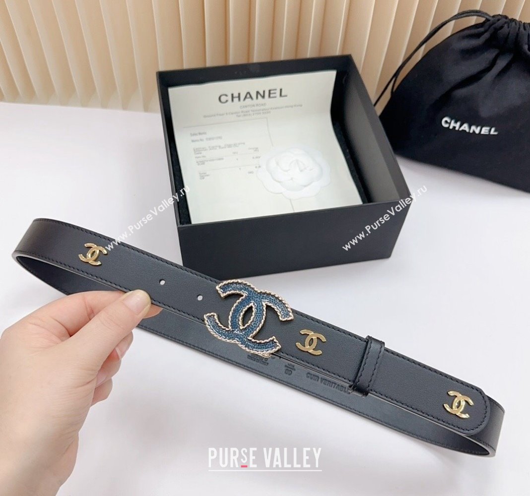 Chanel Belt 3cm with Blue CC Buckle in Calfskin with CC Black 2024 0617 (99-240617020)