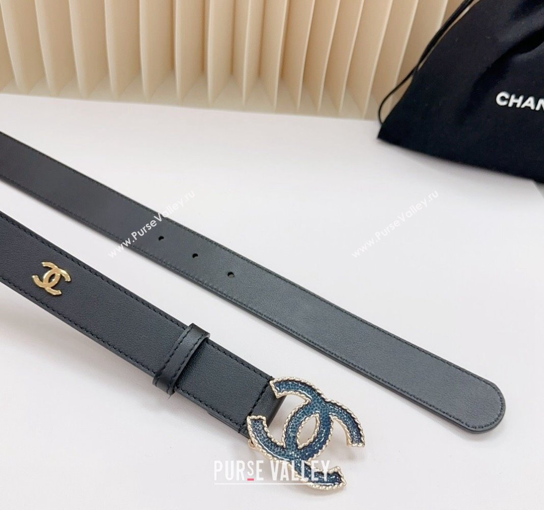 Chanel Belt 3cm with Blue CC Buckle in Calfskin with CC Black 2024 0617 (99-240617020)